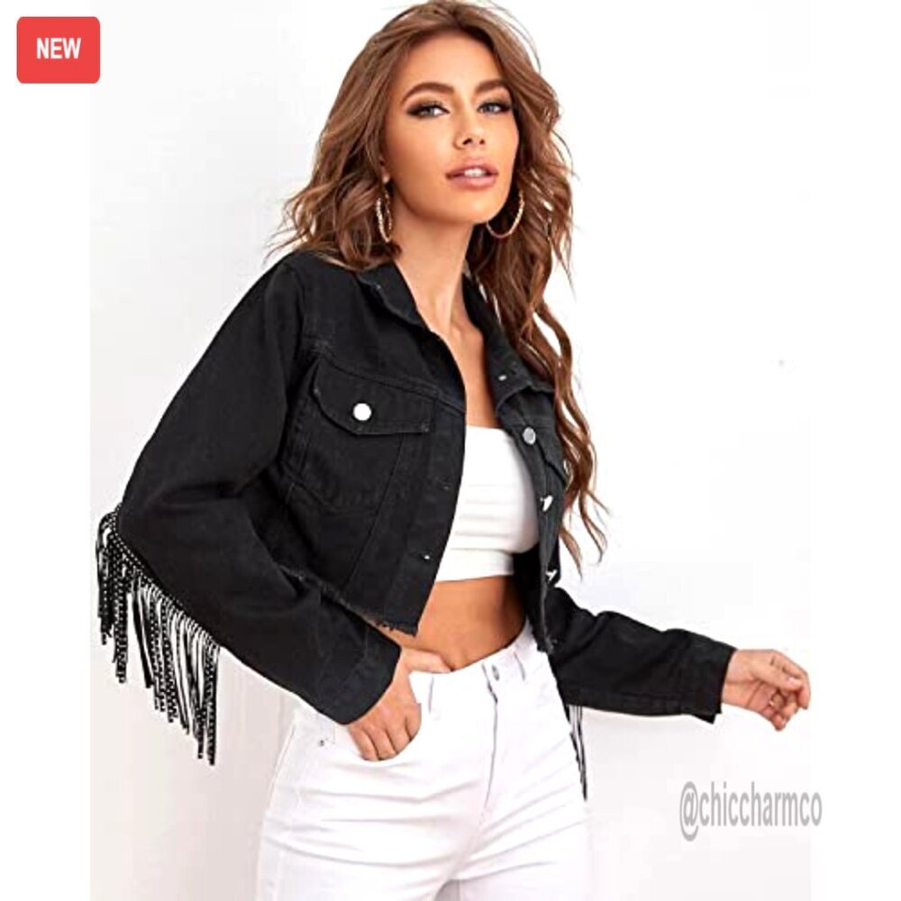 Fringe Tassel Distressed Ripped Crop Denim Jacket - Picture 4 of 7